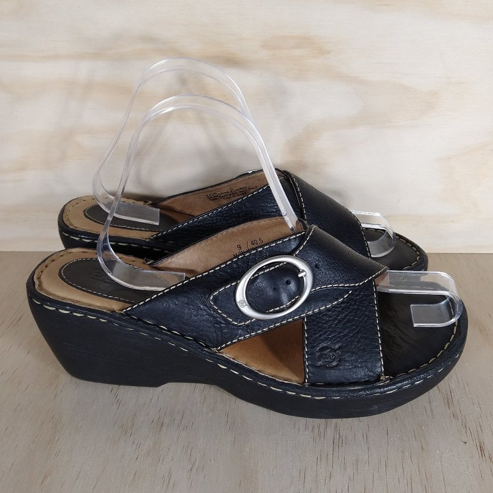 Born Leather Wedge Slide Sandals in Black Size 9
